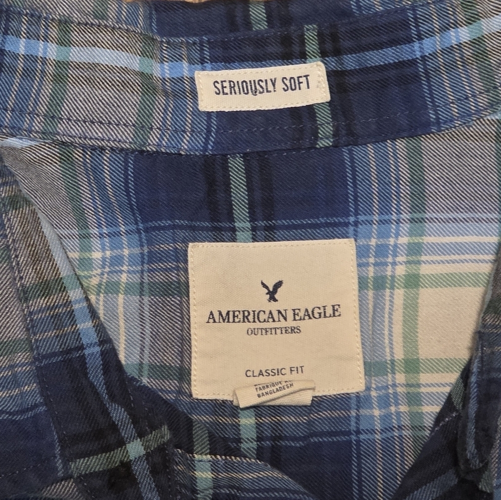 American Eagle Men’s Large Seriously Soft Plaid Flannel Shirt Classic Fit Blue - Picture 5 of 8